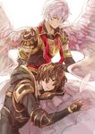  angel_wings armor blue_eyes brown_hair closed_eyes commentary_request elbow_gloves gloves granblue_fantasy hand_on_another's_head hood hood_down hooded_jacket jacket kazuhito_(1245ss) lap_pillow long_sleeves lucifer_(shingeki_no_bahamut) multiple_boys pink_hair sandalphon_(granblue_fantasy) short_sleeves shoulder_armor sitting sleeping smile spread_wings translation_request white_background wings 