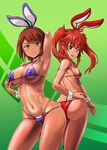  animal_ears arm_up armpits ass bangs bikini blush breasts brown_eyes brown_hair bunny_ears closed_mouth commentary_request covered_nipples cowboy_shot dark_skin fake_animal_ears green_eyes groin hairband hand_on_hip highres kumoi_takashi large_breasts layered_bikini long_hair micro_bikini multiple_girls navel original parted_lips red_hair shiny shiny_skin short_hair small_breasts smile stomach swimsuit two_side_up wrist_cuffs 