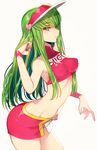  arched_back armpits bangs bare_shoulders breasts c.c. code_geass commentary_request cosplay creayus crop_top eyebrows_visible_through_hair from_side future_gpx_cyber_formula green_hair hand_in_hair heart high_collar large_breasts long_hair looking_at_viewer miniskirt nail_polish navel red_shirt red_skirt shirt skirt smile solo sugou_asuka sugou_asuka_(cosplay) visor_cap white_background wristband yellow_eyes 