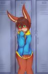  4_fingers blush bottomless brown_fur child clothed clothing covering covering_self cub fur green_eyes hoodie lagomorph locker looking_at_viewer mammal open_mouth rabbit taichiharuki young 