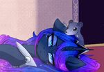  black_eyes blue_eyes cosmic_hair duo equine eyelashes female feral friendship_is_magic fur grey_fur hooves horn lying magnaluna mammal my_little_pony princess_luna_(mlp) unicorn 