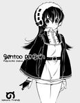  alternate_costume character_name copyright_name cowboy_shot dot_nose earmuffs gentoo_penguin_(kemono_friends) gloves grey_background greyscale half_gloves japari_symbol kemono_friends long_hair long_sleeves looking_at_viewer monochrome ribbon_trim scientific_name solo sumachii turtleneck wide_sleeves 