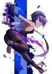  ankle_wrap ass bad_feet bare_shoulders barefoot black_legwear breasts dark_skin fate/grand_order fate/prototype fate/prototype:_fragments_of_blue_and_silver fate_(series) feet flower full_body gloves hairband hassan_of_serenity_(fate) highres karlwolf knife looking_at_viewer purple_eyes purple_hair short_hair simple_background small_breasts soles solo weapon white_background 