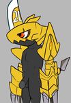  2017 armor balls ballsacks black_body bottomless claws clothed clothing cuuraotter digimon flaccid flat_colors golden_armor helmet horn humanoid_penis male nude number_20 orange_eyes penis simple_background sketch solo standing topless uncut weapon zubamon 