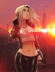  blonde_hair bloom blue_eyes breasts crop_top eve_online eyebrows fingerless_gloves gloves jacket jewelry leather leather_jacket leather_pants lens_flare lips long_hair midriff mike_nesbitt navel necklace nose open_clothes open_jacket pants small_breasts solo space_craft starfighter sunset 