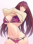 bikini blush breasts dura fate/grand_order fate_(series) heart_ring_top highres large_breasts long_hair looking_at_viewer navel purple_bikini purple_hair red_eyes scathach_(fate)_(all) scathach_(swimsuit_assassin)_(fate) shiny shiny_skin solo star swimsuit undressing very_long_hair 