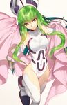  breasts c.c. code_geass commentary_request cosplay covered_navel creayus detached_sleeves green_hair groin hat houshin_engi leotard long_hair medium_breasts simple_background smile so_dakki so_dakki_(cosplay) solo thighhighs twitter_username white_background white_legwear yellow_eyes 