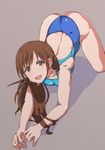  all_fours ass blue_swimsuit brown_eyes brown_hair competition_swimsuit idolmaster idolmaster_cinderella_girls idolmaster_cinderella_girls_starlight_stage long_hair looking_at_viewer nitta_minami one-piece_swimsuit open_mouth rikku04 solo swimsuit 