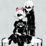  1girl blindfold boots bow breasts cleavage cleavage_cutout dress feather-trimmed_sleeves gloves grey_background hair_bow hami_(lvct) juliet_sleeves long_sleeves medium_breasts mole mole_under_mouth monochrome nier_(series) nier_automata pink_bow puffy_sleeves short_hair shorts sitting spot_color white_hair yorha_no._2_type_b yorha_no._9_type_s 