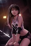  88_(mike_nesbitt) black_eyes black_hair breasts dog_tags elbow_pads jersey lips long_hair midriff mike_nesbitt navel original short_shorts shorts small_breasts solo straddling 