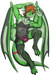  2017 anthro armpits beezlebumawoken caltsar claws clothed clothing collar digital_media_(artwork) dragon girly green_scales hair hi_res legwear lingerie looking_at_viewer lying male membranous_wings muscular on_back panties purple_eyes scales scalie simple_background smile spreading stockings toe_claws underwear wings 