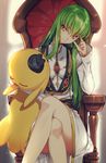  breasts c.c. chair cheese-kun code_geass commentary_request creayus crossed_legs dress green_hair hat long_hair looking_at_viewer medium_breasts smile stuffed_toy yellow_eyes 