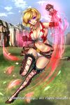  belt blonde_hair boots breasts cleavage cloud company_name day full_body gloves grass gyakushuu_no_fantasica highres huge_breasts jewelry leaf midriff navel necklace no_socks official_art purple_eyes rock ryuki@maguro-ex sky solo teeth 