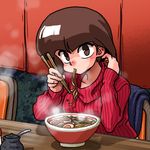  adjusting_hair blush bowl brown_eyes brown_hair chopsticks eating food food_stand jar looking_at_viewer looking_up noodles noren ramen ranma_1/2 ribbed_sweater short_hair sitting solo spoon sweater tendou_nabiki turtleneck wanta_(futoshi) 