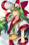  breasts c.c. code_geass commentary_request cosplay creayus green_hair hair_ribbon huge_bow japanese_clothes long_hair looking_at_viewer nakoruru nakoruru_(cosplay) open_mouth ribbon samurai_spirits small_breasts solo the_king_of_fighters the_king_of_fighters_xiv yellow_eyes 