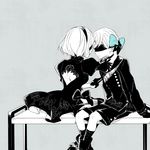  1girl blindfold blue_bow boots bow breasts couple facing_another feather-trimmed_sleeves gloves grey_background hair_bow hami_(lvct) hetero juliet_sleeves knees long_sleeves looking_at_another monochrome nier_(series) nier_automata puffy_sleeves short_hair shorts sitting small_breasts spot_color white_hair yorha_no._2_type_b yorha_no._9_type_s 