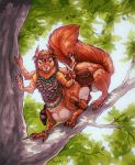  aegis_(j._hyena) anthro cyaneus fantasy forest fur mammal micro multi_arm multi_limb ranged_weapon red_fur rodent slingshot squirrel taur tree warrior weapon 