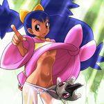  axew big_hair blue_hair breasts brown_eyes cameltoe gen_5_pokemon iris_(pokemon) navel no_bra otsukare pants pointing pokemon pokemon_(creature) pokemon_(game) pokemon_bw pussy see-through shirt_lift small_breasts two_side_up underboob wet 