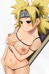  blonde_hair blush breast_hold breasts clitoris_slip fan fishnet_top fishnets green_eyes grin headband large_breasts naruto naruto_(series) naughty_face navel nipples puffy_nipples pussy pussy_peek quad_tails smile solo sunagakure_symbol temari tomatto_(@ma!) weapon 