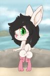  2018 absurd_res alex_cydragon anthro anus beach big_eyes biped blush butt chibi clothing digital_media_(artwork) eyelashes female fluffy fluffy_tail fur green_eyes hair hi_res its-spot lagomorph legwear looking_at_viewer looking_back mammal nude pink_nose presenting presenting_hindquarters pussy rabbit rear_view seaside simple_background smile solo standing stockings thigh_highs white_fur 