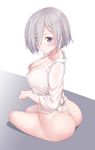  ass blue_eyes breasts cleavage fundoshi hair_ornament hair_over_one_eye hairclip hamakaze_(kantai_collection) highres japanese_clothes kantai_collection konnyaku_(kk-monmon) large_breasts looking_at_viewer short_hair silver_hair sitting solo yamakasa 