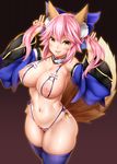 1girl animal_ears areolae bikini blue_bikini blue_legwear blush breasts caster_(fate/extra) crotchless_swimsuit curvy detached_collar detached_sleeves fang fate/extra fate_(series) fox_ears fox_girl fox_tail hair_ribbon large_breasts long_hair looking_at_viewer navel nippleless_clothes nipples oni-noboru open_mouth pink_hair pubic_hair ribbon smile solo swimsuit tail thick_thighs thighhighs waifu2x wide_hips yellow_eyes 