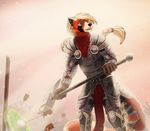  2017 5_fingers anthro armor arrow battle biped black_nose blood braided_hair clothed clothing digital_media_(artwork) eyebrows fighterjet fur green_eyes hair hammer holding_object holding_weapon long_hair male mammal melee_weapon open_mouth outside paladin red_panda shield sky soldier solo standing teeth tools war warhammer weapon 