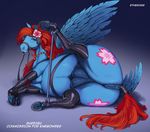  2017 anatomically_correct anatomically_correct_pussy animal_genitalia animal_pussy blue_feathers butt clothing cutie_mark equine equine_pussy etheross fan_character feathered_wings feathers female feral hair hooves legwear long_hair looking_at_viewer mammal my_little_pony pegasus pussy solo spreader_bar teats underhoof wings 