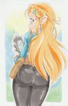  blonde_hair blue_eyes butt clothed clothing daigaijin fingerless_gloves gloves hair hairclip humanoid hylian lips looking_back nintendo not_furry pants pointy_ears princess_zelda shirt the_legend_of_zelda video_games 