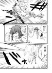  angel_and_devil angel_wings barefoot battle bike_shorts comic demon_horns demon_wings duel greyscale halo highres horns iwatobi_hiro laser_beam long_hair midair monochrome multiple_girls original short_hair translated wings 