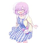 ^_^ alternate_costume bag chan_co closed_eyes dress fate/grand_order fate_(series) glasses hair_over_one_eye handbag jacket mash_kyrielight plaid plaid_dress purple_hair short_hair simple_background smile solo standing white_background yellow_jacket 