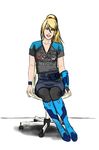  2017 ;) armor armored_boots bangs black_gloves black_legwear blonde_hair blue_bow blue_eyes blue_footwear blue_skirt boots bow breasts chair cleavage clothes_writing collarbone english fingerless_gloves full_body gloves grin hair_between_eyes hair_tie head_tilt high_ponytail highres legs_together long_hair looking_at_viewer maniac_(maniacyakutia) metroid mole mole_under_mouth office_chair one_eye_closed pantyhose pencil_skirt ponytail samus_aran shadow shirt shirt_tucked_in short_sleeves signature simple_background single_glove single_vambrace sitting skirt smile solo swept_bangs t-shirt v-neck vambraces white_background wristband 