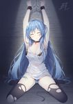  2016 armpits arms_up artist_name bangs bdsm black_bra black_legwear blue_hair blue_panties bondage bound bound_wrists bra breasts cleavage closed_eyes closed_mouth collar collarbone copyright_name emori_miku emori_miku_project eyebrows_visible_through_hair full_body hair_between_eyes hair_ornament heart highres indoors large_breasts long_hair looking_at_viewer miko_92 panties restrained see-through shirt sitting sleeveless sleeveless_shirt solo striped striped_panties thighhighs torn_clothes torn_legwear torn_shirt underwear very_long_hair wariza watermark white_panties 