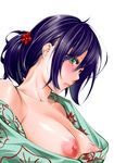  blue_hair blush breasts collarbone flower folded_ponytail from_side green_eyes hair_between_eyes hair_flower hair_ornament japanese_clothes kimono large_breasts looking_at_viewer looking_to_the_side nipples no_bra off_shoulder original puffy_nipples sinkick1119 solo upper_body 