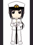  black_hair brown_eyes chibi commentary_request epaulettes female_admiral_(kantai_collection) frown gloves hat holding holding_sword holding_weapon jacket kantai_collection katana long_hair looking_at_viewer low_ponytail military military_hat military_uniform neko_majin peaked_cap sheath sheathed sidelocks solo standing sword uniform weapon white_background 