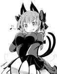  :q animal_ears blush bow braid breasts cat_ears cat_tail dress eighth_note extra_ears eyebrows_visible_through_hair foreshortening frilled_sleeves frills from_below greyscale hair_bow hand_on_breast kaenbyou_rin licking_lips long_hair long_sleeves looking_down medium_breasts monochrome multiple_tails musical_note naughty_face nekomata outstretched_arm simple_background smile solo speed_lines tail taurine_8000mg tongue tongue_out touhou twin_braids twitter_username upper_body v-shaped_eyebrows white_background 