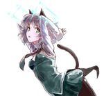  animal_ears arms_behind_head black_legwear black_skirt cat_ears cat_tail chikuwa_(tks) green_eyes grey_hair hirschgeweih_antennas long_sleeves miniskirt necktie open_mouth pantyhose sanya_v_litvyak short_hair simple_background skirt solo strike_witches tail white_background world_witches_series 