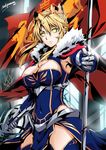  armor armpits artist_name artoria_pendragon_(all) artoria_pendragon_(lancer) blonde_hair blue_gloves blue_legwear braid breasts cape cleavage closed_mouth covered_navel cowboy_shot crown fate/grand_order fate_(series) flag french_braid fur gauntlets gloves glowing glowing_eyes green_eyes hair_between_eyes holding holding_weapon lance long_hair looking_at_viewer medium_breasts polearm red_cape sakiyamama solo thighhighs thighs weapon 