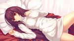  bed breasts fate/grand_order fate_(series) highres kaina_(tsubasakuronikuru) large_breasts long_hair looking_at_viewer lying pillow purple_hair red_eyes ribbed_sweater scathach_(fate)_(all) scathach_(fate/grand_order) smile solo sweater turtleneck turtleneck_sweater 