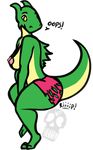 2017 anthro big_breasts breasts butt clothed clothing crest digital_media_(artwork) female invalid_tag lizard loch_ness_monster looking_back monster nipples raised_tail reptile rip ripping scalie shorts side_view simple_background skellertom solo text 