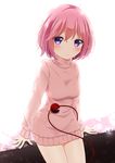  :/ alternate_costume bangs bloom blush breasts closed_mouth commentary_request cowboy_shot dress eyeball komeiji_satori medium_breasts pink_hair purple_eyes short_dress short_hair solo sweater sweater_dress thighs third_eye touhou turtleneck turtleneck_sweater yuuforia 