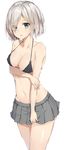  absurdres bad_anatomy black_bra blue_eyes blush bra breasts collarbone covered_nipples cowboy_shot eyebrows_visible_through_hair eyes_visible_through_hair grey_skirt hair_ornament hair_over_one_eye hairclip hamakaze_(kantai_collection) hand_on_own_arm highres kantai_collection large_breasts looking_at_viewer microskirt navel open_mouth pleated_skirt rikoma short_hair silver_hair simple_background sketch skirt solo underwear white_background 