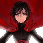  1girl cape capelet cloak corset gradient_hair hood hooded_cloak multicolored_hair red_cape red_hair ruby_rose rwby short_hair silver_eyes solo two-tone_hair 