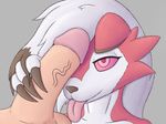  007delta ambiguous_gender anthro balls canine fur male mammal midnight_lycanroc nintendo penis pok&eacute;mon red_eyes red_fur simple_background tongue_out video_games white_fur 