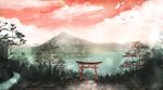  bird cloud commentary crescent_moon highres lake landscape moon mountain multiple_moons no_humans original red_sky scenery sky torii tree 
