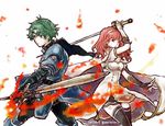  1girl alm_(fire_emblem) armor cape celica_(fire_emblem) circlet dress fire fire_emblem fire_emblem_echoes:_mou_hitori_no_eiyuuou fire_emblem_gaiden green_hair holding holding_weapon insarability left-handed red_hair sword tiara twitter_username weapon 