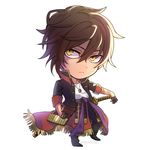  brown_hair chibi coat commentary_request hair_between_eyes jewelry male_focus necklace non_(nonzile) ookurikara open_clothes open_coat pants sheath sheathed shirt shoes sleeves_rolled_up sword touken_ranbu twitter_username weapon white_background white_shirt yellow_eyes 