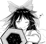  &gt;:) ;) aiming aiming_at_viewer arm_cannon bow cape eighth_note greyscale hair_bow hand_on_own_arm long_hair looking_at_viewer monochrome musical_note one_eye_closed reiuji_utsuho shirt short_sleeves simple_background slit_pupils smile solo taurine_8000mg touhou twitter_username upper_body v-shaped_eyebrows weapon white_background 