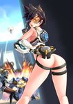 2boys 2girls adapted_costume ass brown_hair censored earrings from_behind goggles hm hmongt looking_back mechanical_halo mechanical_wings mercy_(overwatch) multiple_boys multiple_girls outdoors overwatch pussy short_hair spiked_hair tracer_(overwatch) 