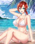  :d arm_support beach bikini blue_sky boudica_(fate/grand_order) breasts cleavage cloud cloudy_sky collarbone commentary day fate/grand_order fate_(series) from_side green_eyes hair_between_eyes highres large_breasts looking_at_viewer looking_to_the_side low_ponytail nattapuumuu open_mouth outdoors red_hair sitting skindentation sky smile solo swimsuit wet white_bikini 